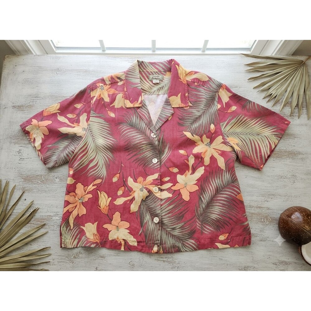 Vntg Tommy Bahama Women L 100% Silk Camp Shirt Tropical Floral Palm Burgundy Y2K